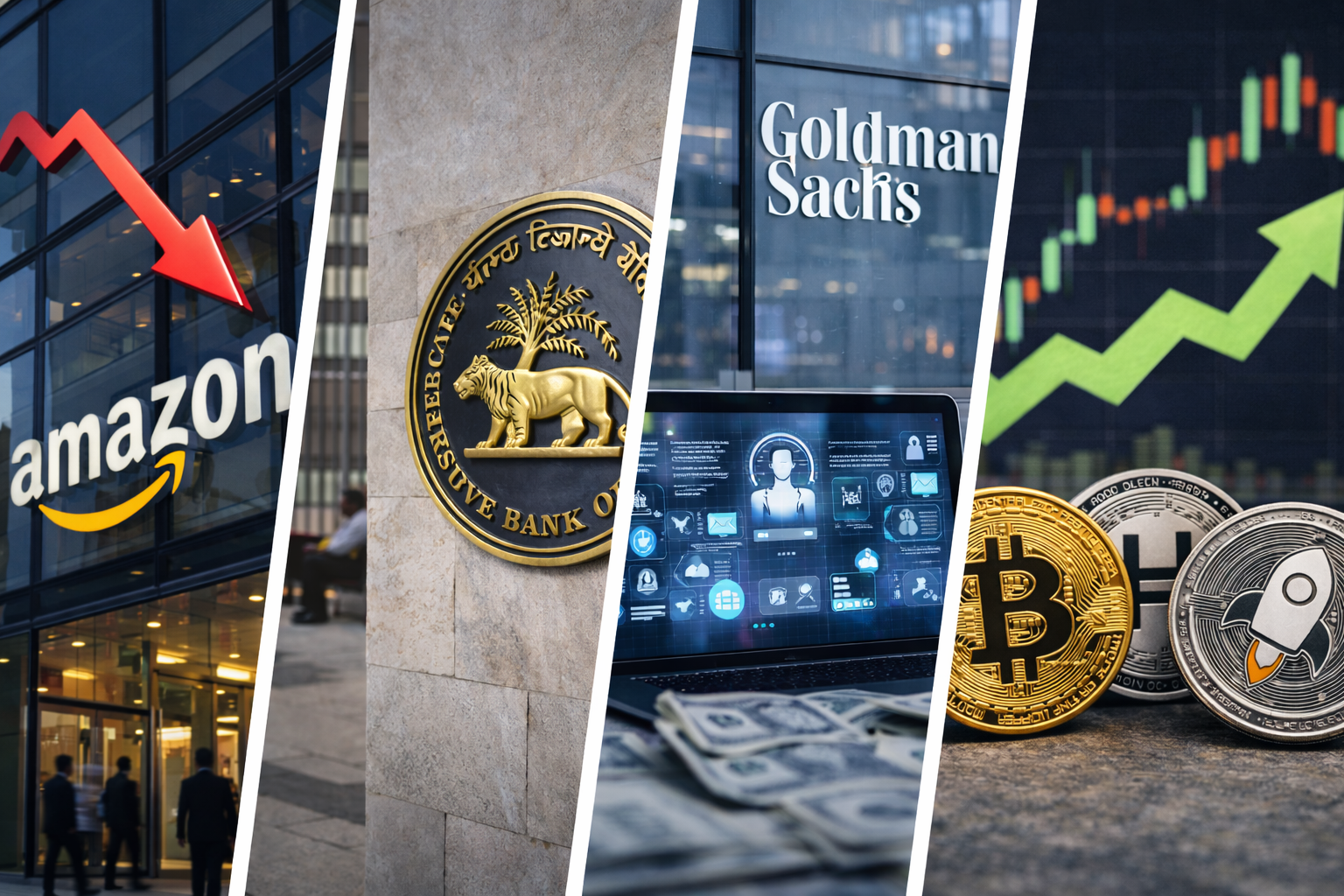 Amazon slides on $200B AI capex fears, RBI holds rates steady, Goldman pivots to AI agents, and Bitcoin rebounds sharply.