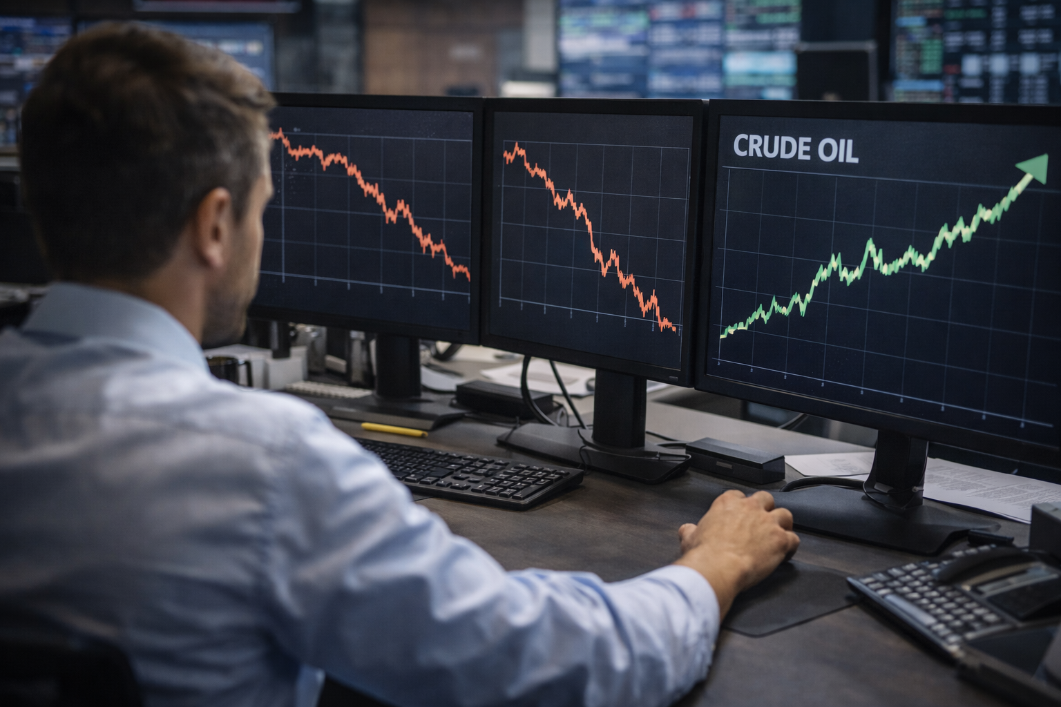 Trader analyzing crude oil price charts on multiple monitors showing market volatility and rising oil prices in a trading office.