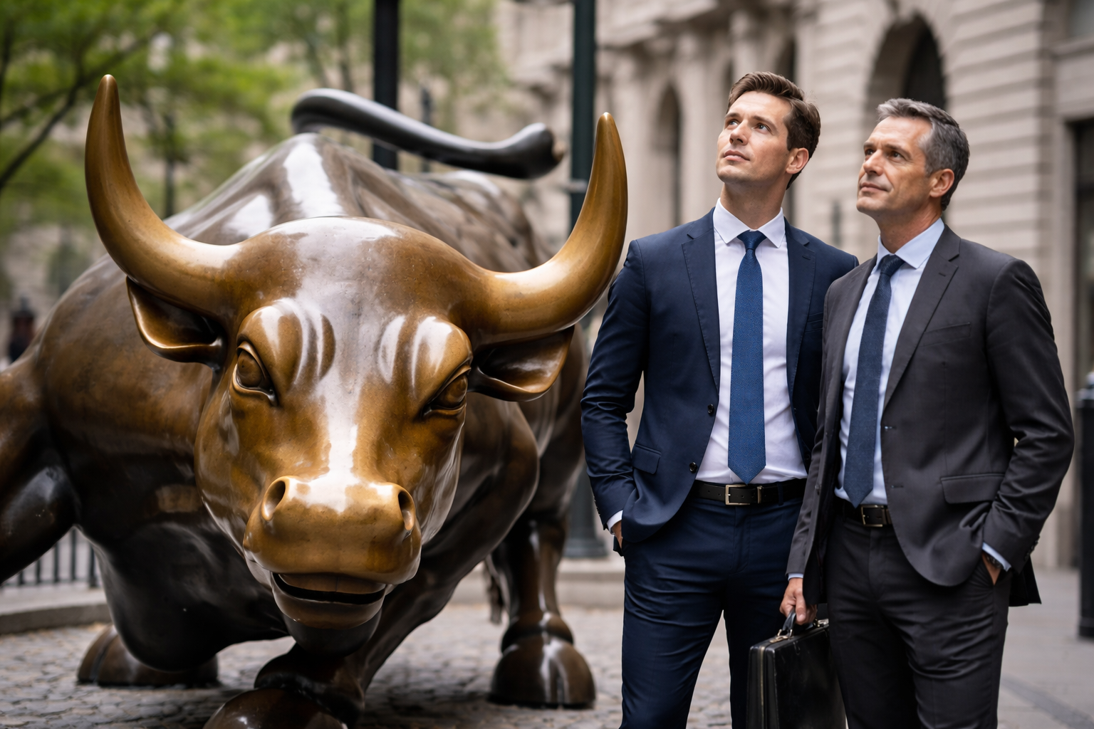 Two business professionals standing beside the Charging Bull statue on Wall Street, looking upward as a symbol of market optimism.