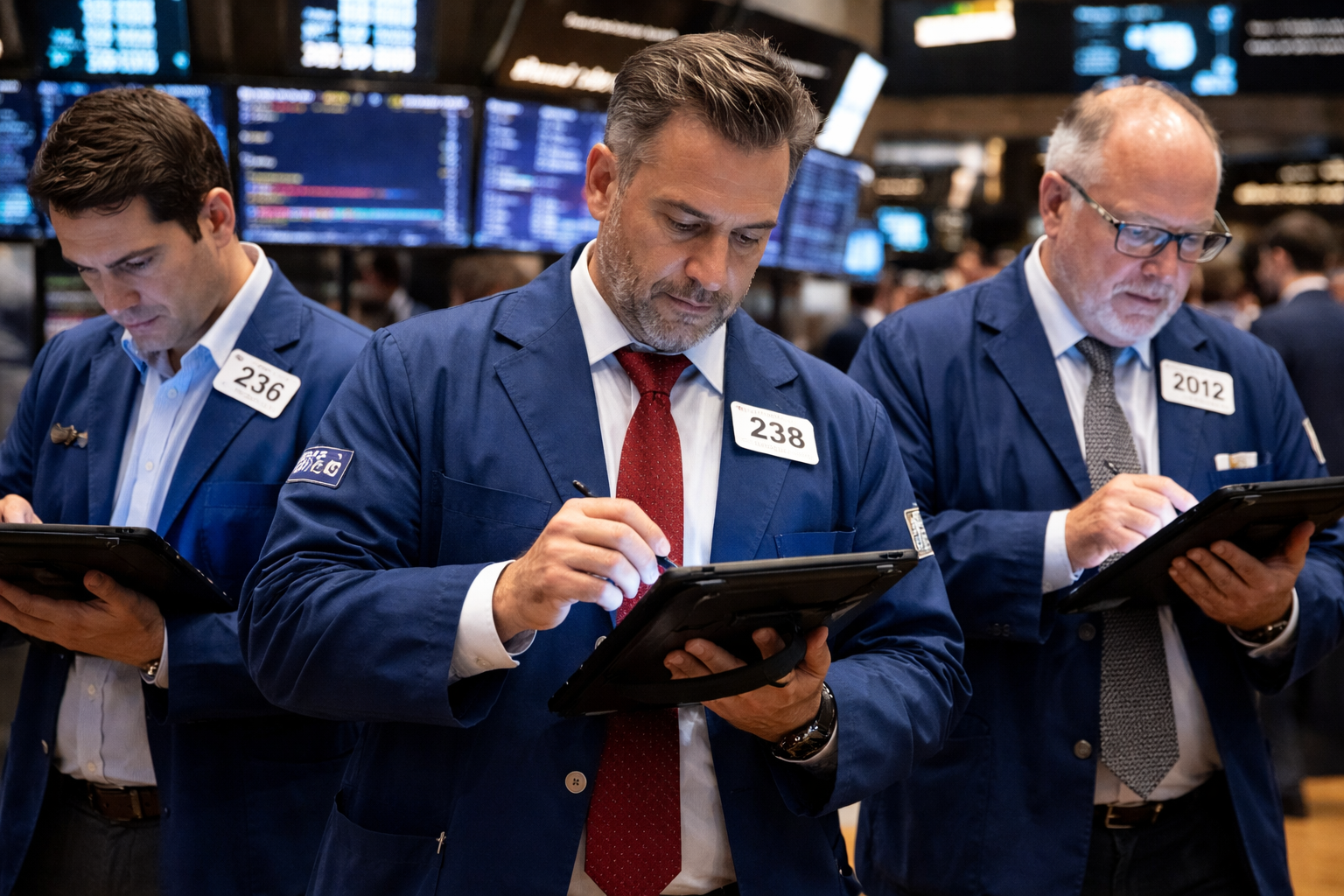 Three stock traders on a trading floor review market data on tablets with stock screens in the background.