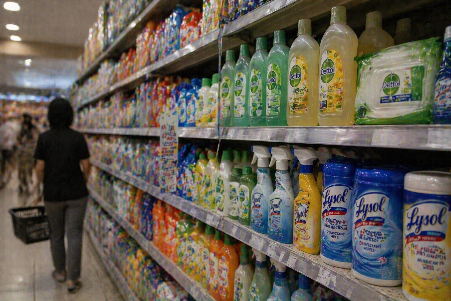 A documentary-style shot of supermarket shelves stocked with cleaning and health brands like Dettol and Lysol, with subdued shopper activity.