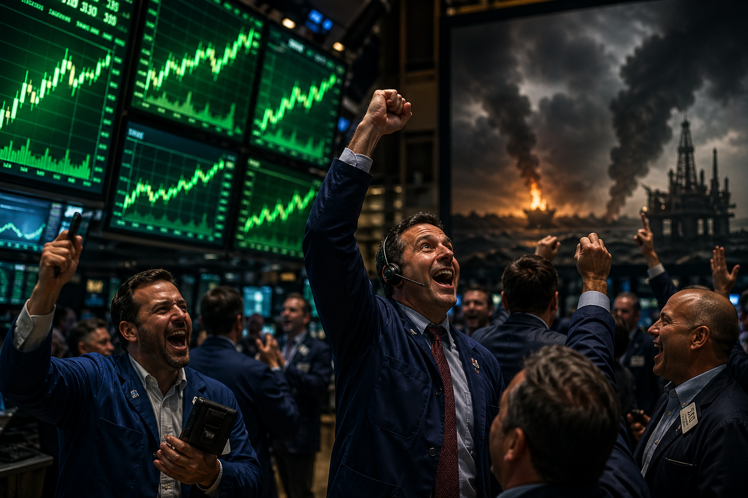 Traders on a busy stock exchange floor celebrate in front of bright green rising charts, while a large screen behind them shows dark smoke and fire near oil infrastructure, hinting at geopolitical turmoil.