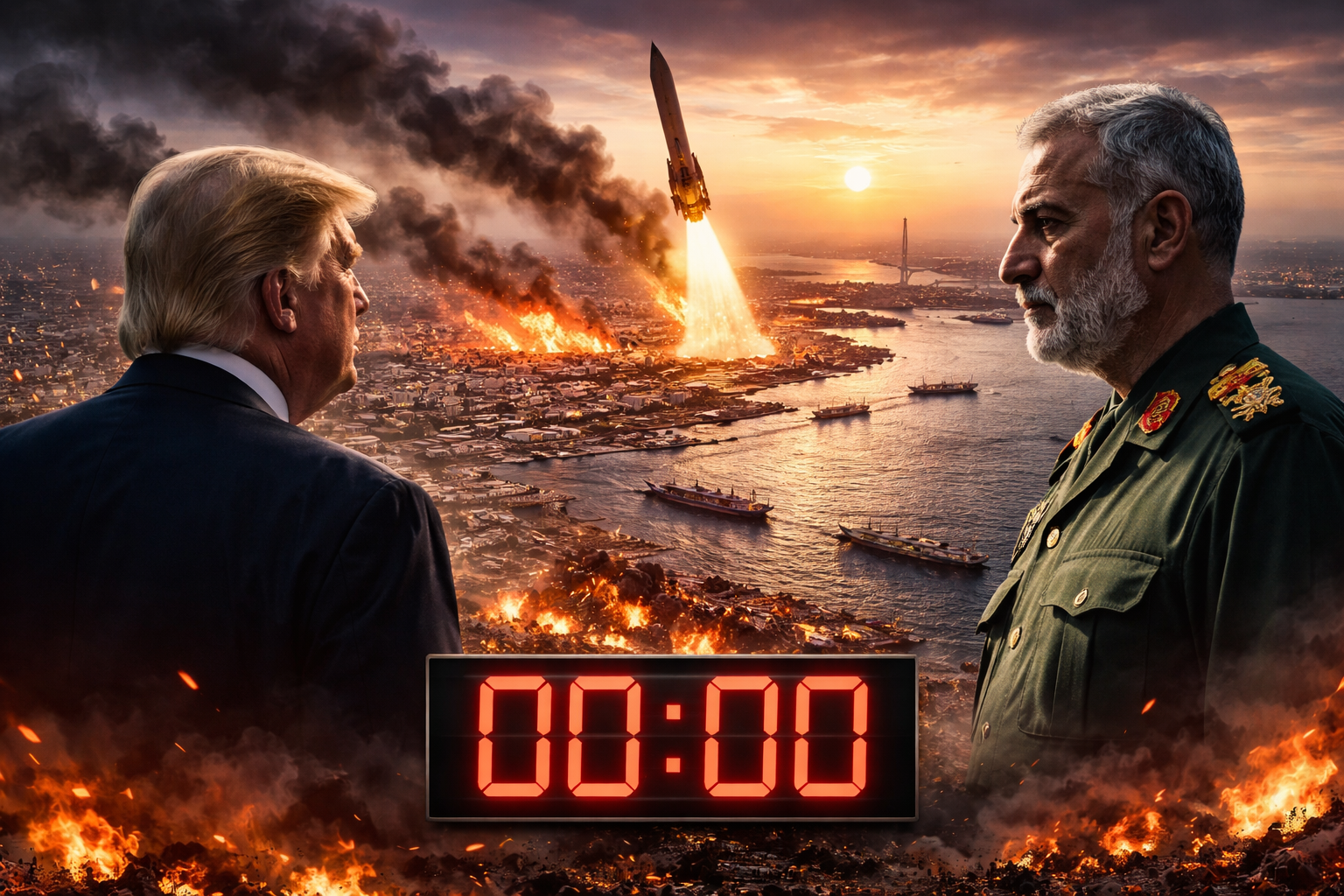 Trump and Iranian commander face off as missiles strike near the Strait of Hormuz, symbolizing escalating tensions and looming deadline in the Iran war.