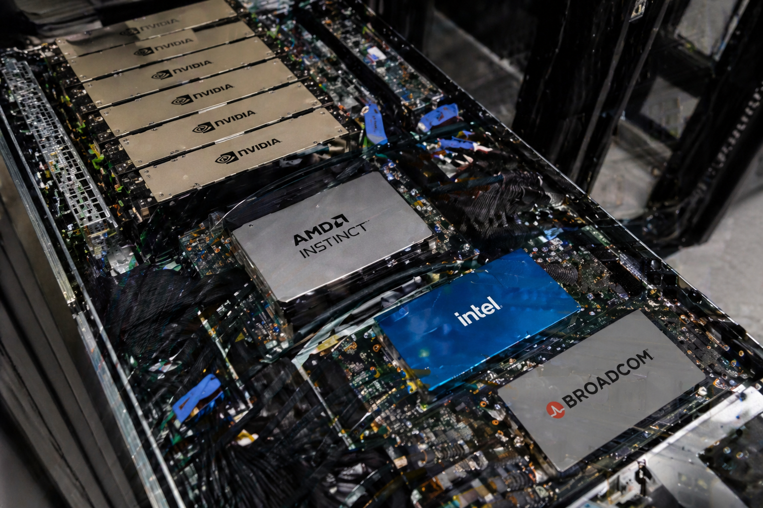 Nvidia, AMD, Intel chips inside a data server rack