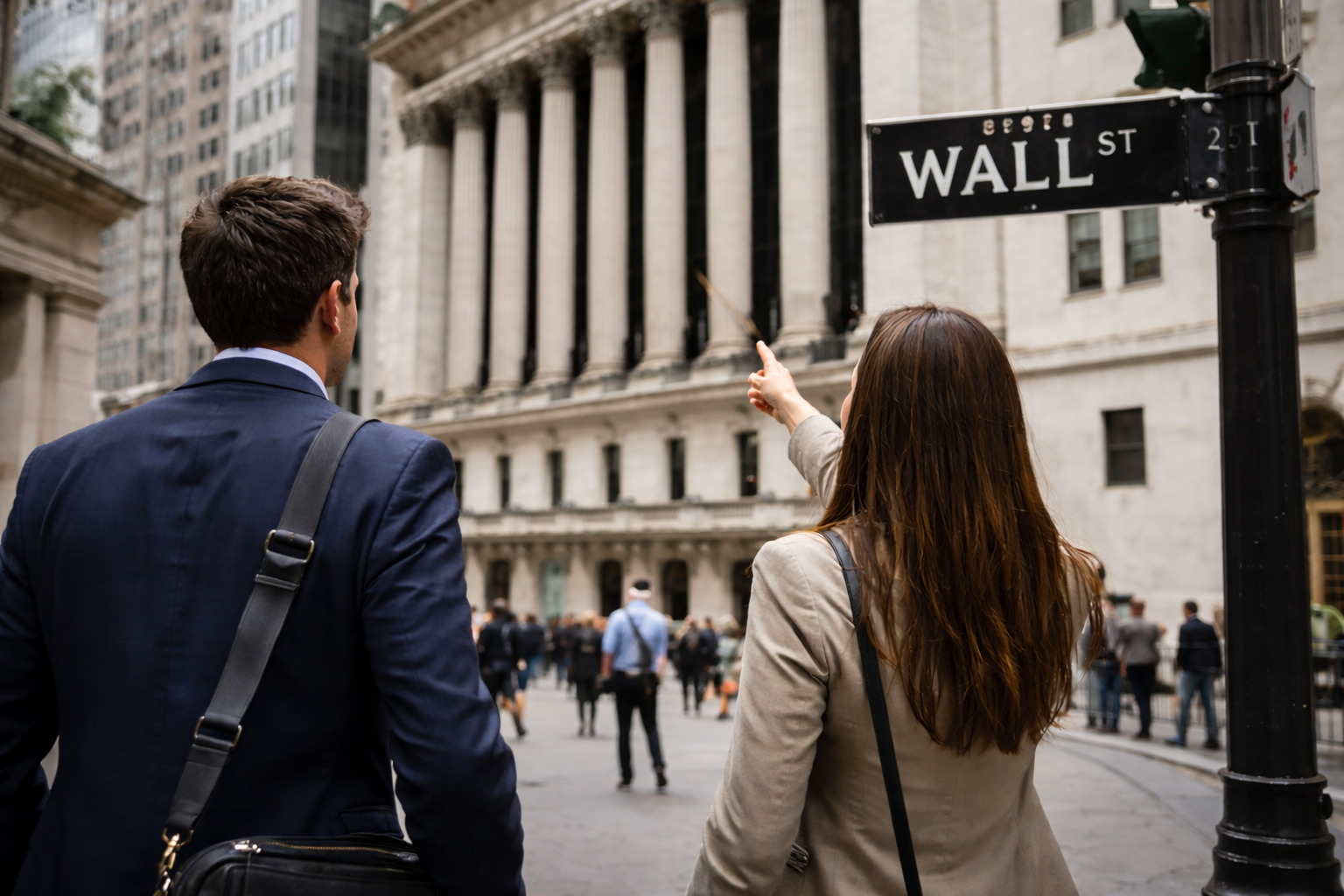 Two professionals stand near a Wall Street street sign facing the New York Stock Exchange building with crowds in the background.