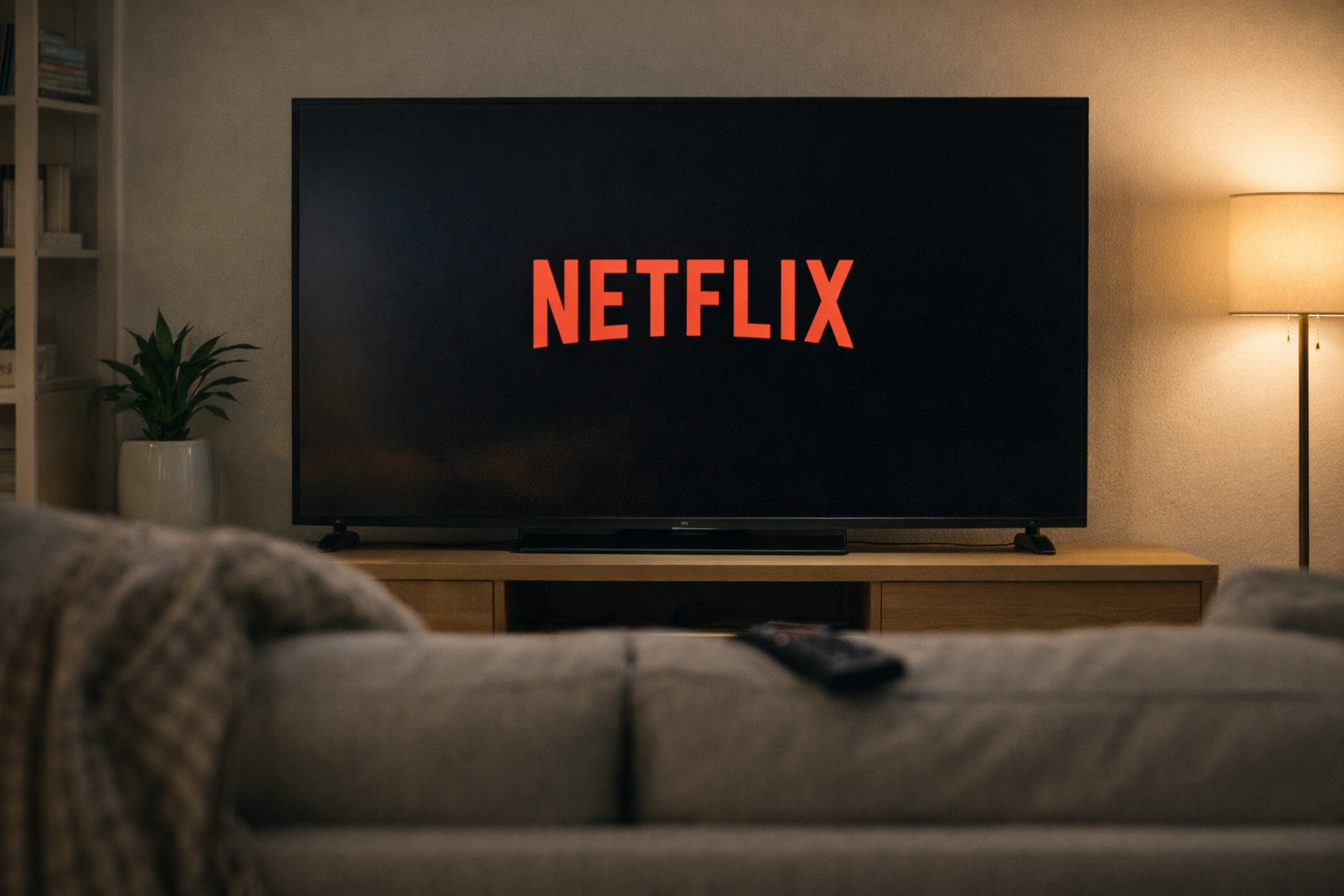 A television screen displaying the Netflix logo in a living room, with a sofa and remote control in the foreground.