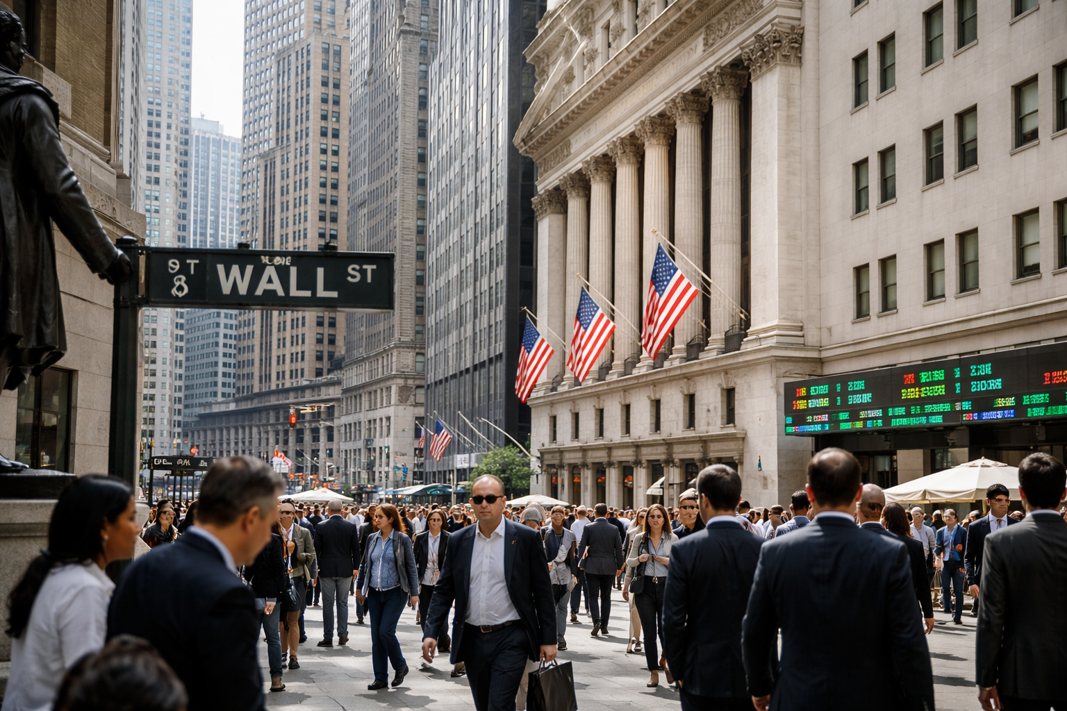 Wall Street opened higher as investors weighed US-Iran ceasefire reports, easing oil prices, strong AI earnings, and Fed rate outlook concerns.
