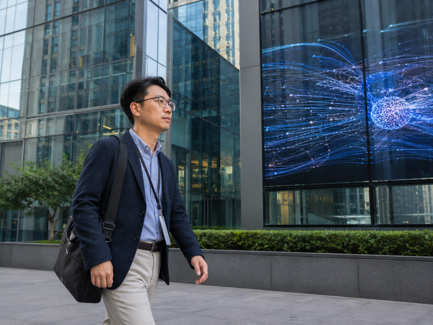 A Chinese tech employee walking past a glass-fronted office tower in Beijing’s central business district