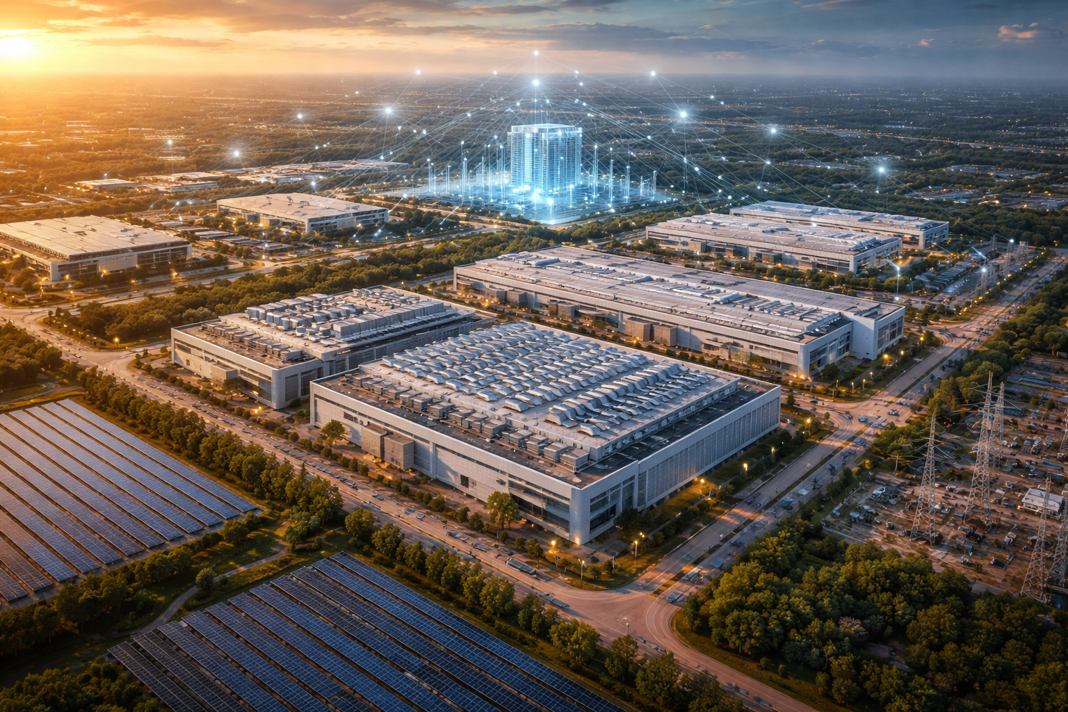 A wide, cinematic shot of a glowing data-centre campus at dusk, with rows of server halls stretching across Northern Virginia.