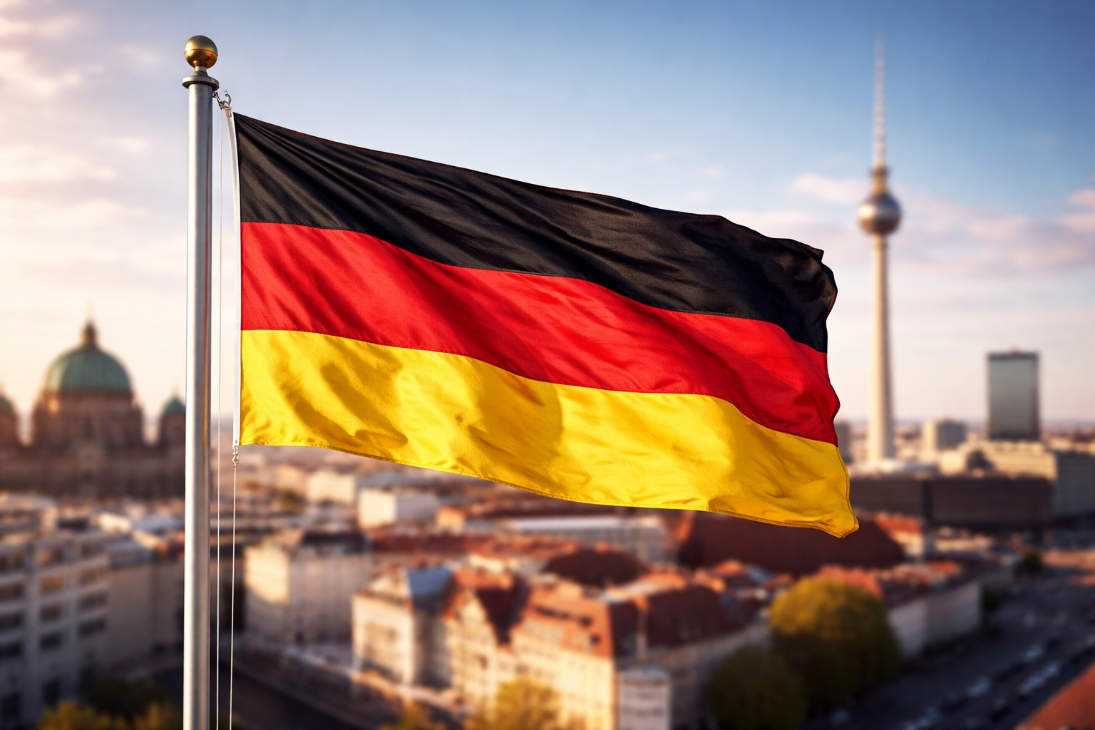 German national flag waving over Berlin skyline with TV Tower in background