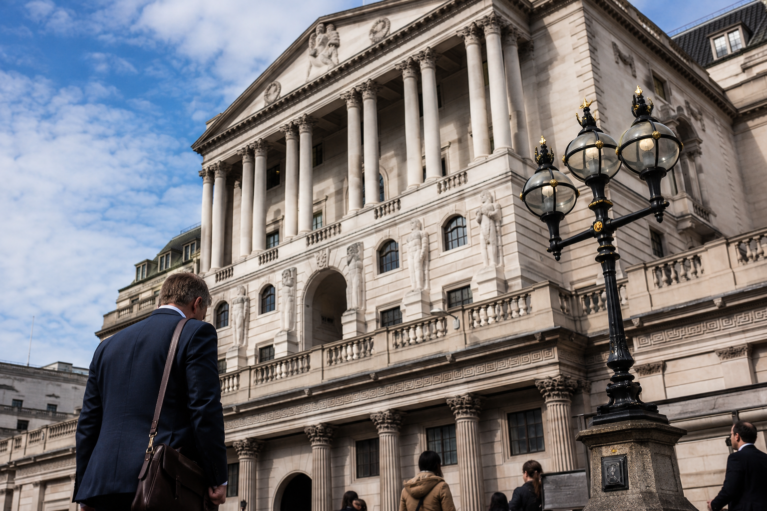 A Person standing in front of the Bank of England