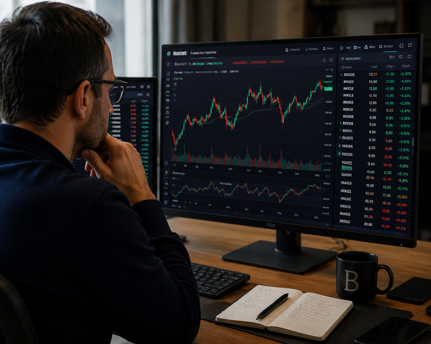 european investor looking at stock screen