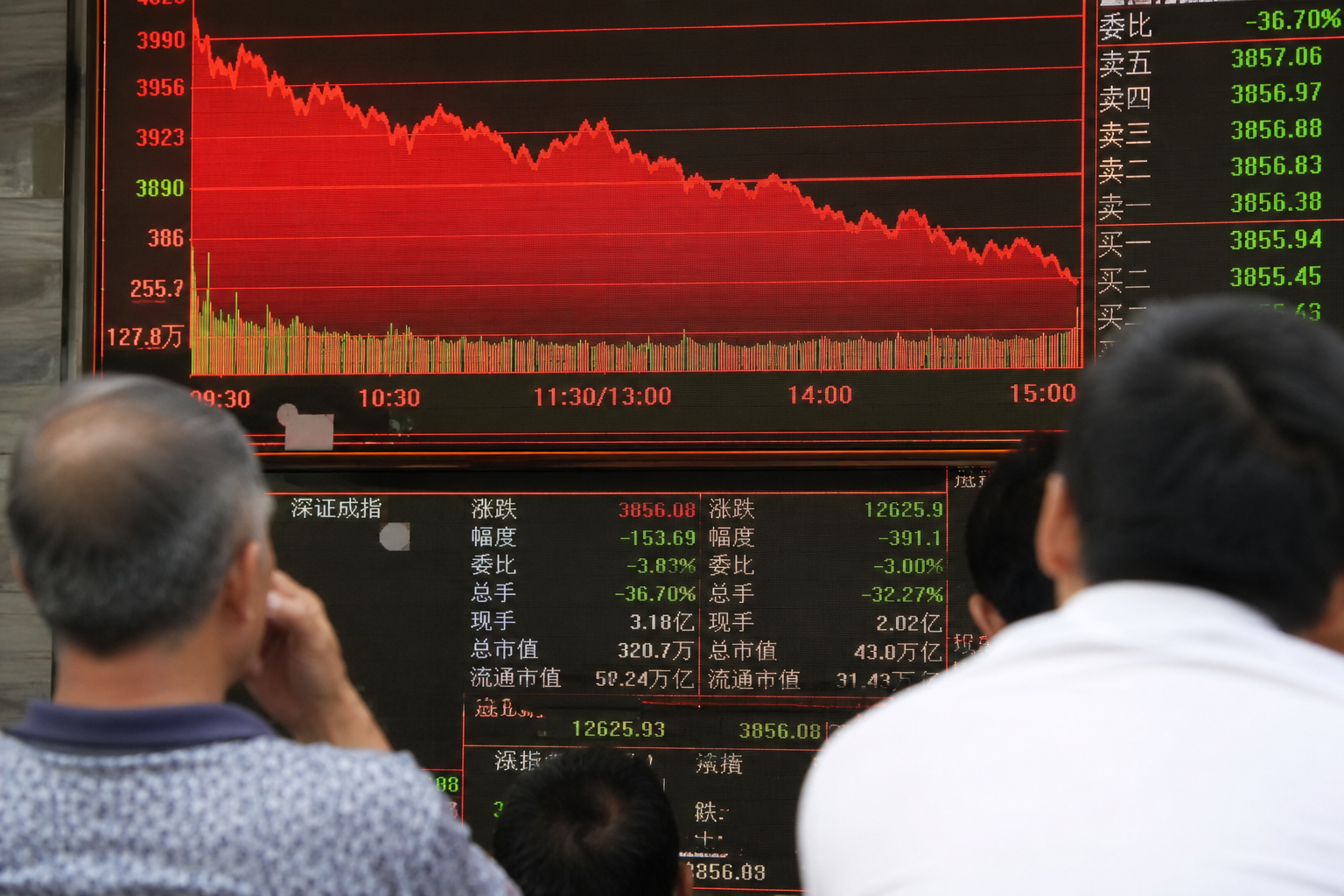 A large electronic display showing a red downward-trending price chart