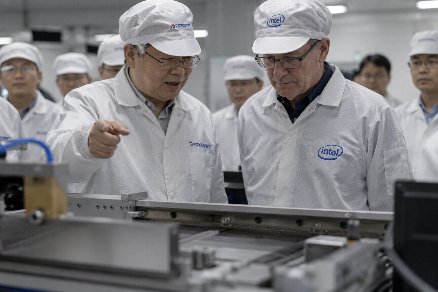 Two senior professionals stand in the foreground wearing cleanroom attire and branded caps/jackets associated with Foxconn and Intel.