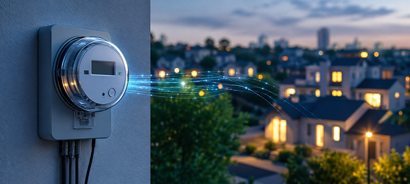 Smart electricity meter transmitting energy usage data to connected homes in a residential neighborhood