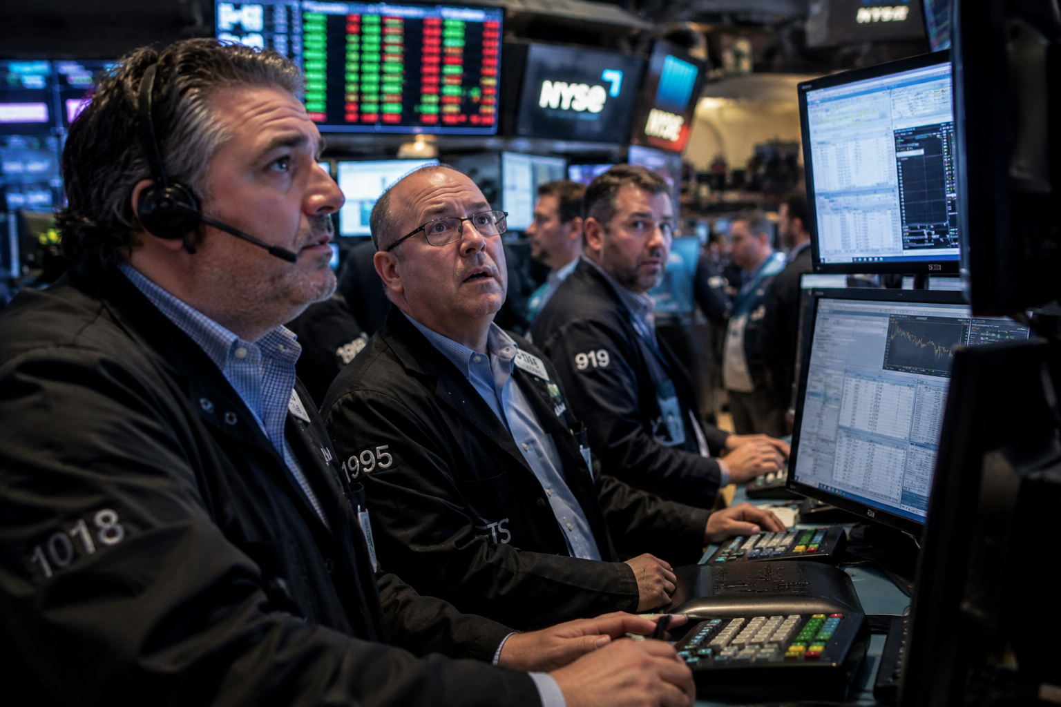 Traders analyse live stock charts and market data across multiple screens on the New York Stock Exchange floor.