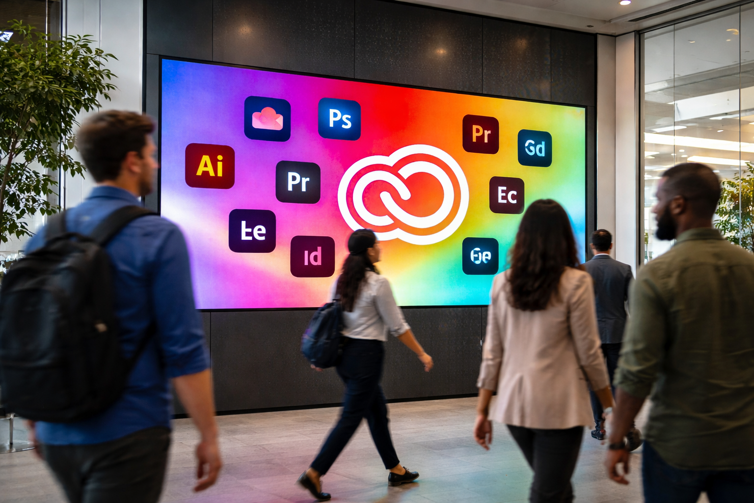 People walk past a large Adobe Creative Cloud display featuring Photoshop, Illustrator, Premiere Pro and other Adobe app icons.