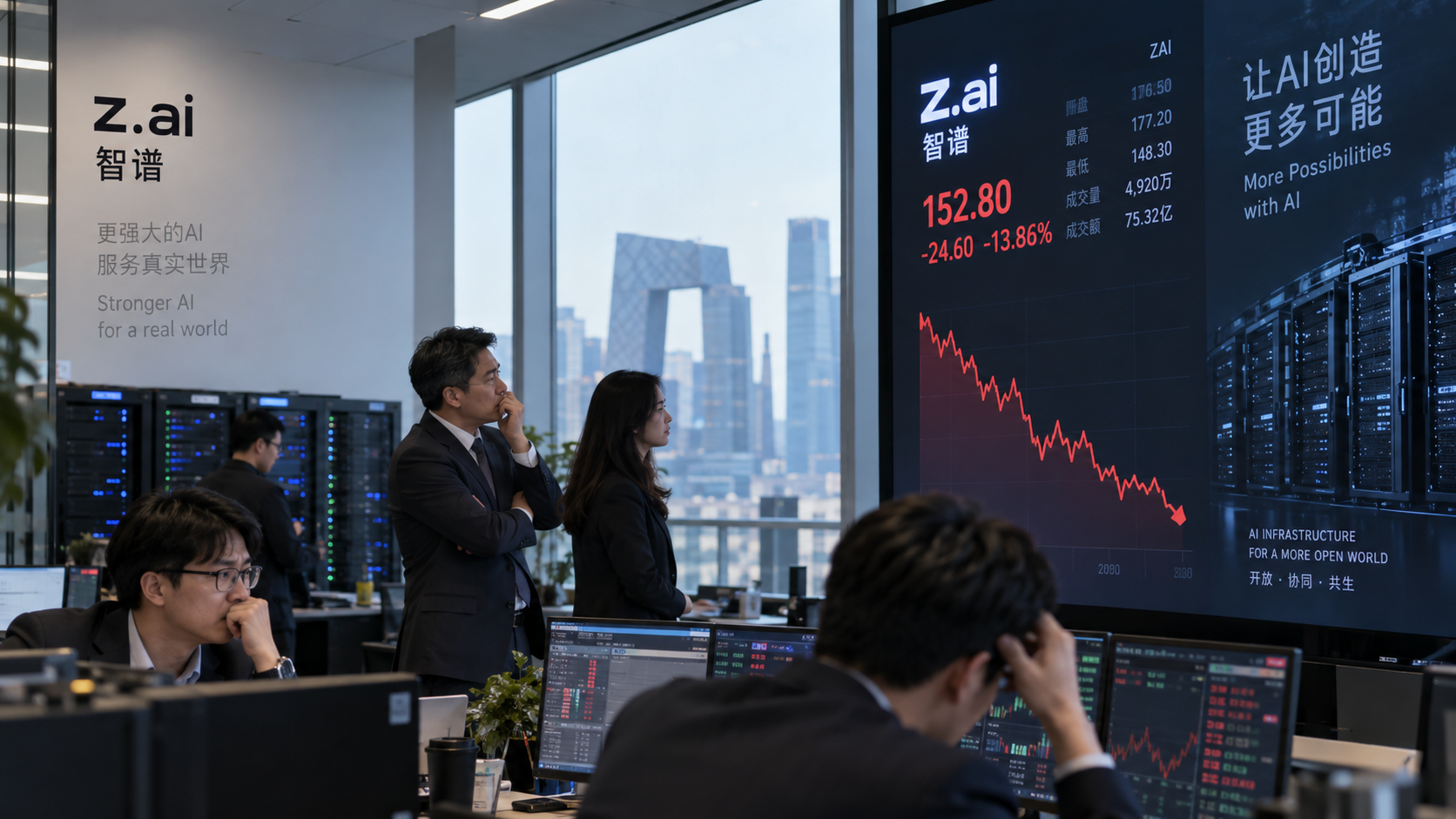Z.ai employees and market participants watch a large screen showing the Chinese AI company’s shares down 13.86% beside server racks and trading terminals.