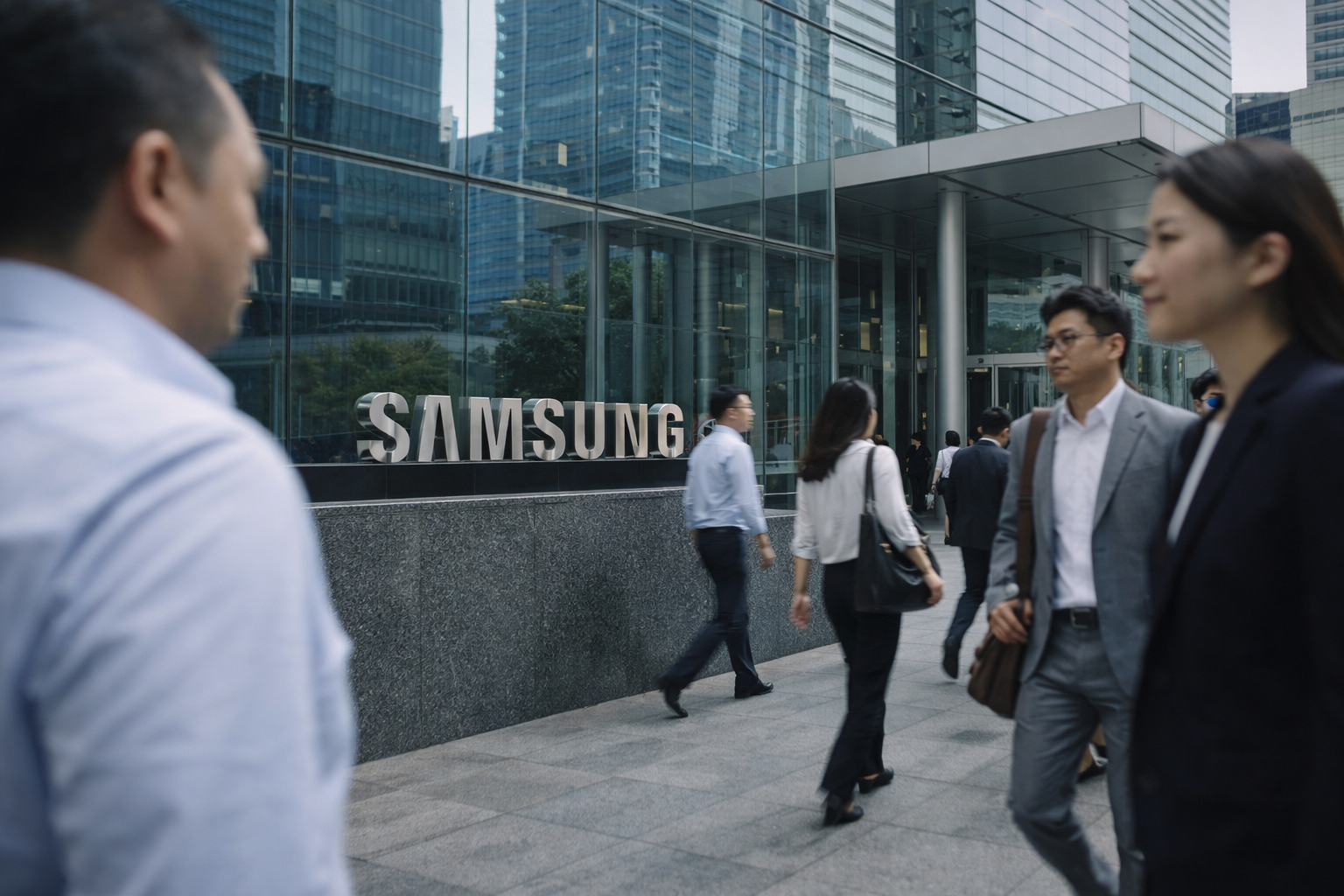 Samsung employees walk outside a modern corporate office building.