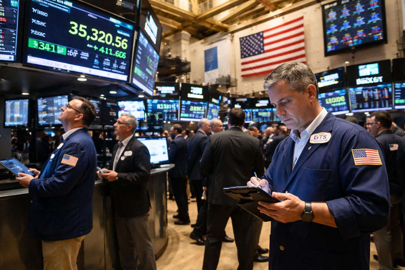 Traders at a stock market trading floor
