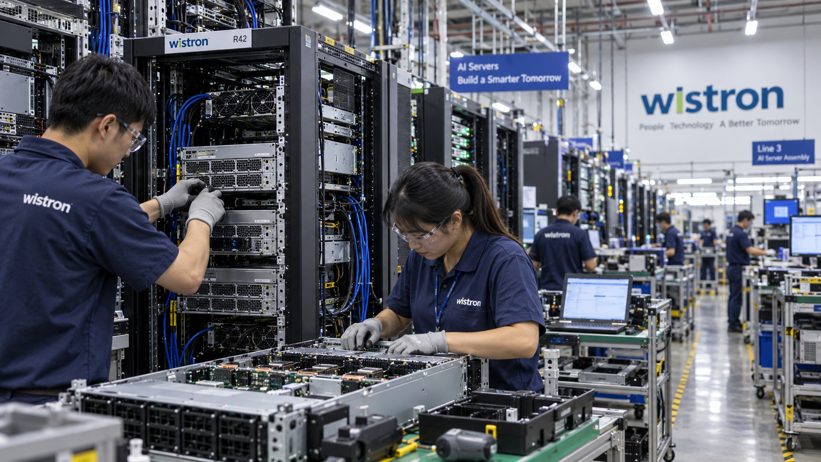 Technicians assemble and inspect AI server hardware on a Wistron factory floor, with dense server racks, cables and workstations stretching across the facility.