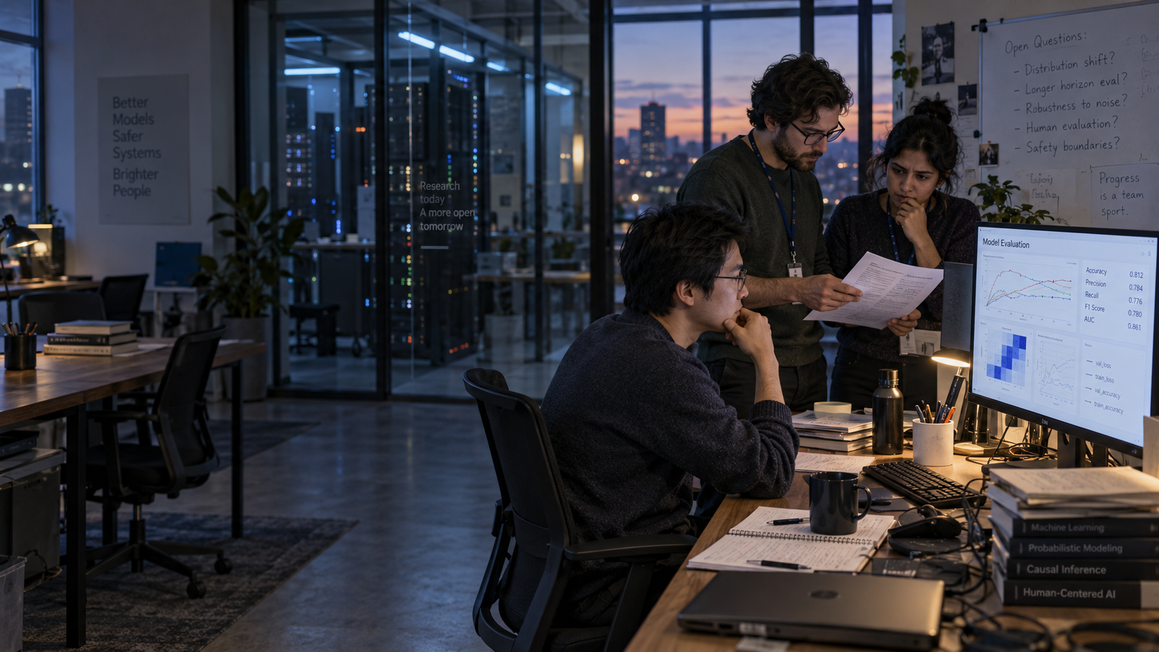 Researchers review model evaluation results in an AI office at dusk, with one seated at a workstation while two colleagues discuss a printed report beside a glass-walled server room.
