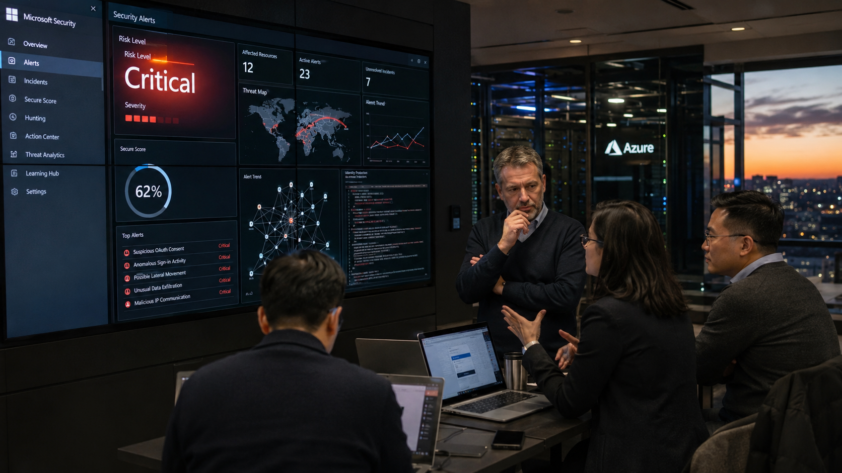 Microsoft security team reviews a Critical AI cyber-risk dashboard in an Azure operations room.