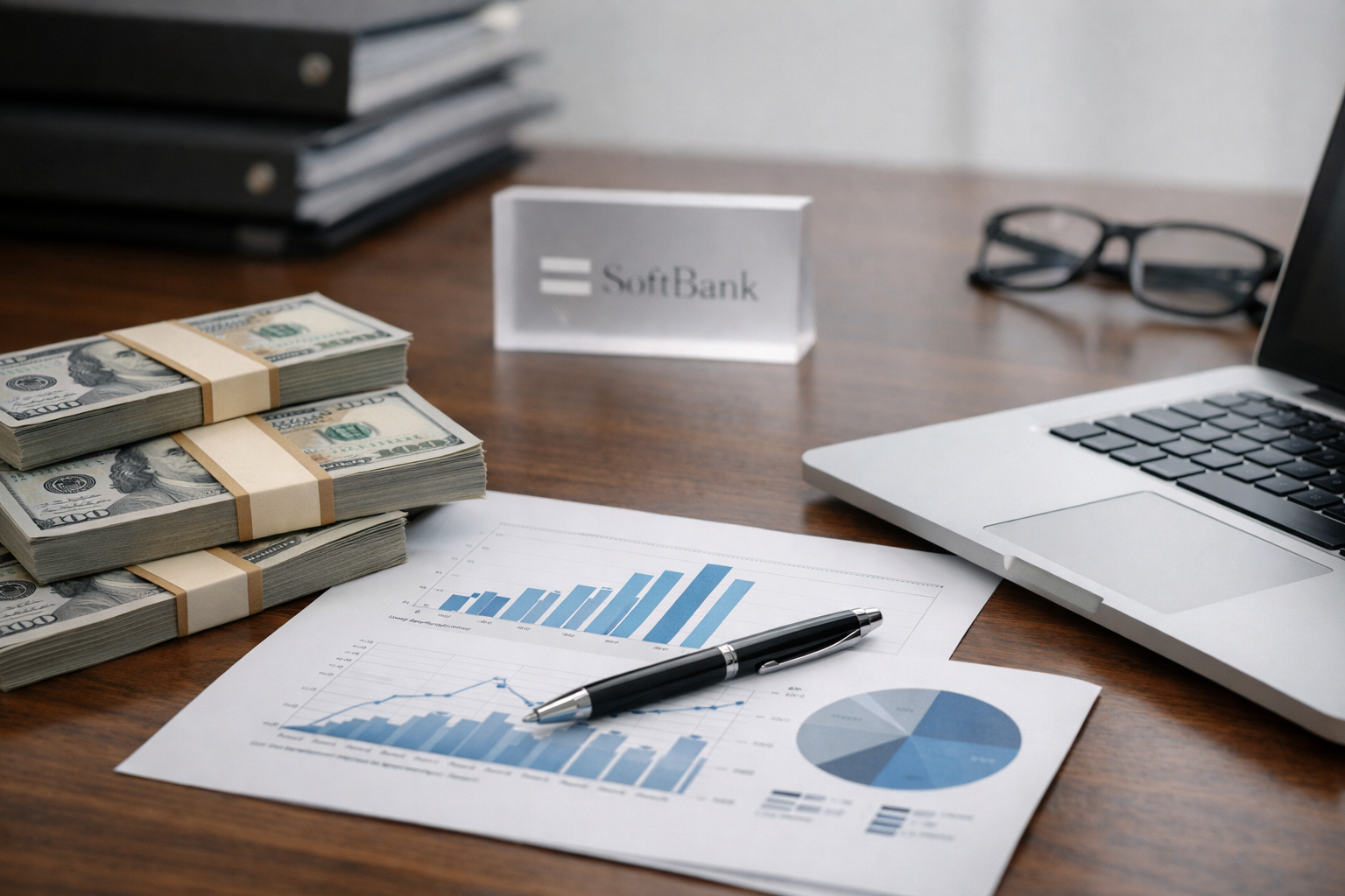 Stacks of US dollar bills sit beside SoftBank branding, a laptop and financial charts on an office desk.