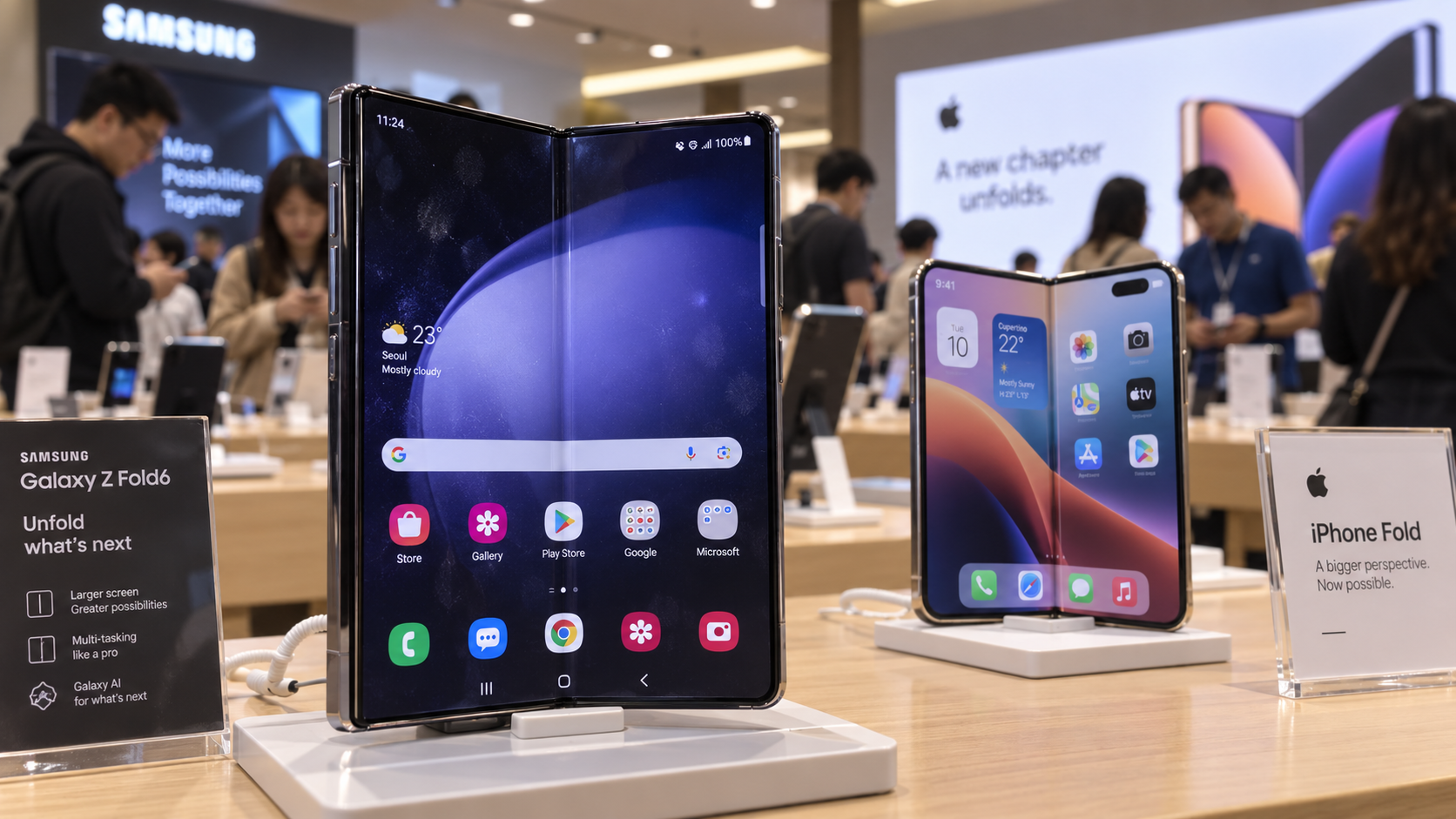 Samsung Galaxy Z Fold-style phone stands open in the foreground of an electronics store, with an Apple foldable-style device displayed behind it as shoppers browse in the background.