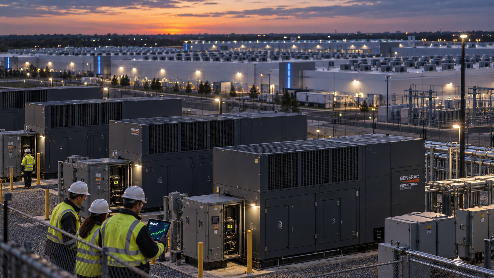 Engineers in high-visibility jackets inspect Generac industrial backup generators outside a large data-centre campus at dusk, with one worker holding a tablet showing a sharp rise in Generac shares.
