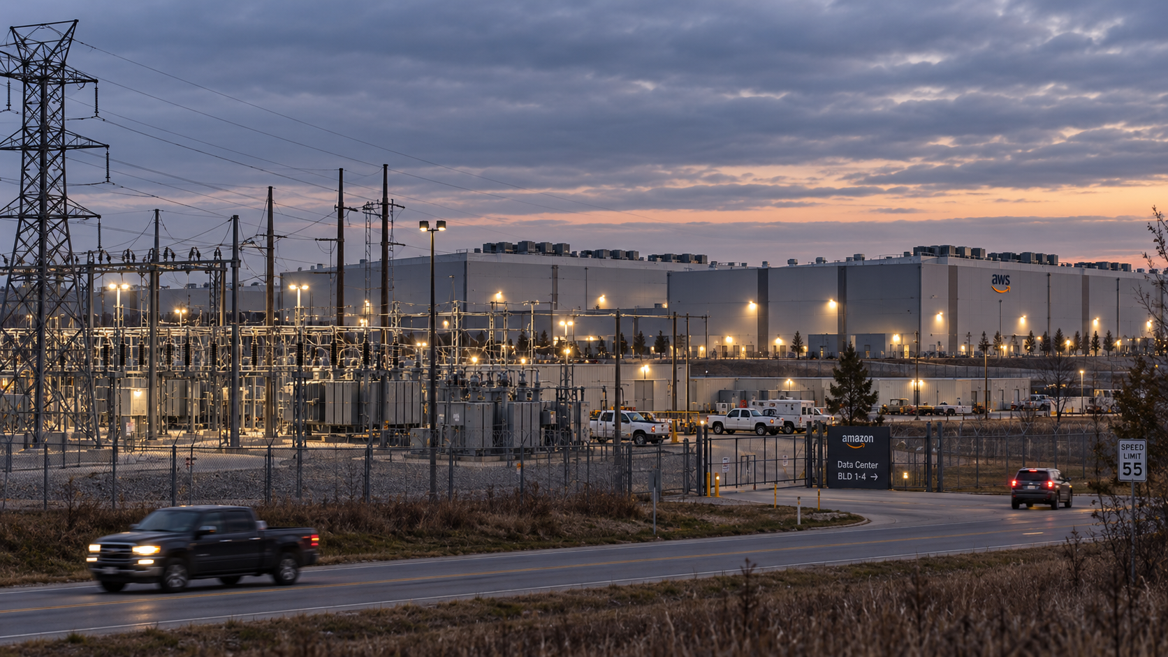Power lines and a fenced electrical substation sit in front of a large Amazon-style data centre campus in Ohio at dusk, with low industrial buildings and utility vehicles in the background.