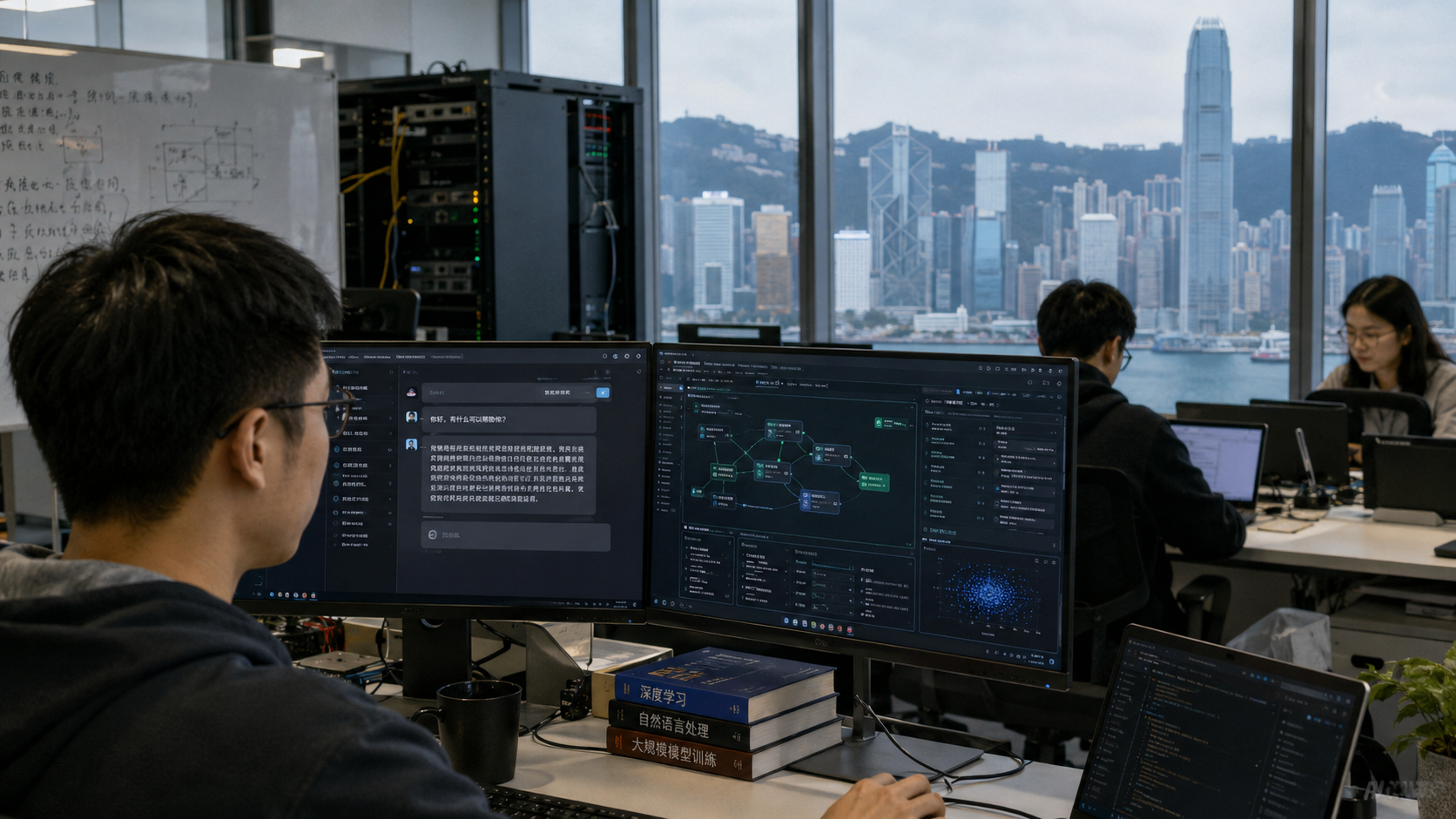 Chinese AI engineers work on model-development systems with Hong Kong skyline behind
