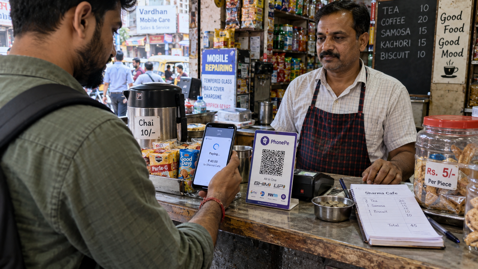 Customer scans a UPI QR code with a smartphone at a small Indian café counter while the shopkeeper watches the payment in progress.