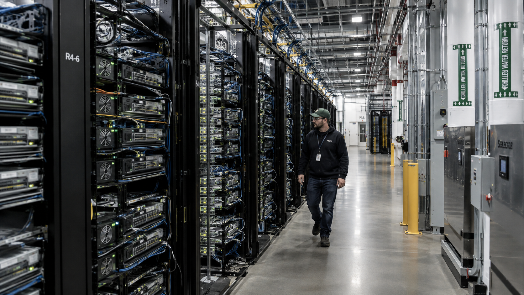 Technician walks through a data centre aisle lined with dense server racks, cables and cooling infrastructure.