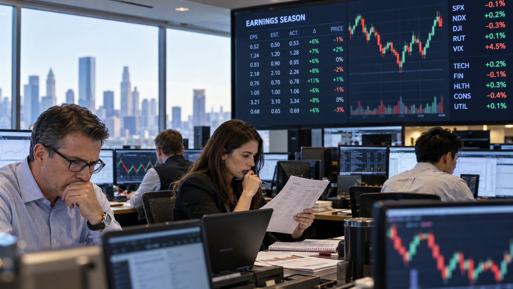 Wall Street analysts review earnings reports and market screens during a busy US earnings season.