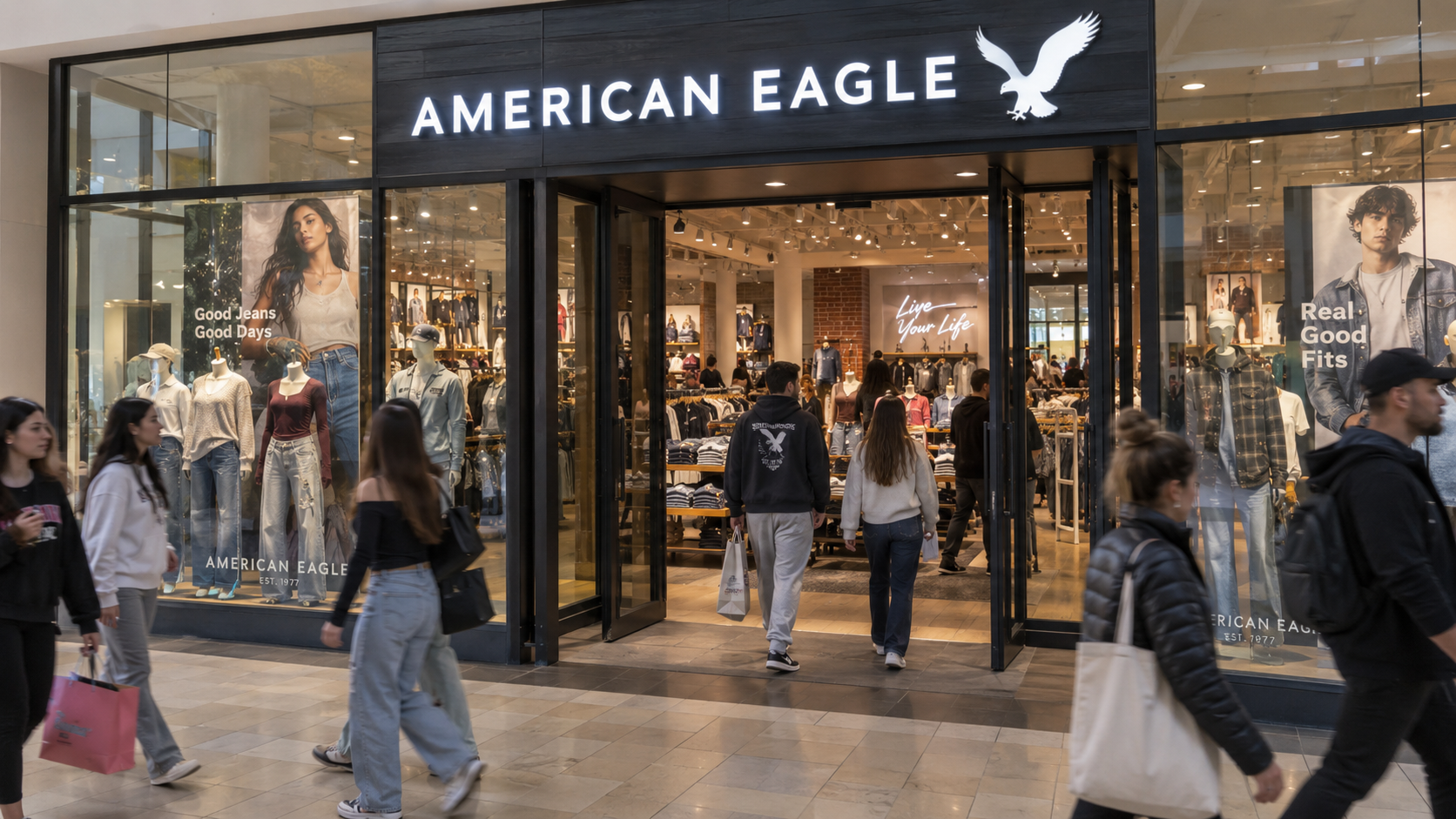American Eagle Outfitters storefront inside a busy US shopping mall, with shoppers passing by and entering beneath the illuminated store sign.