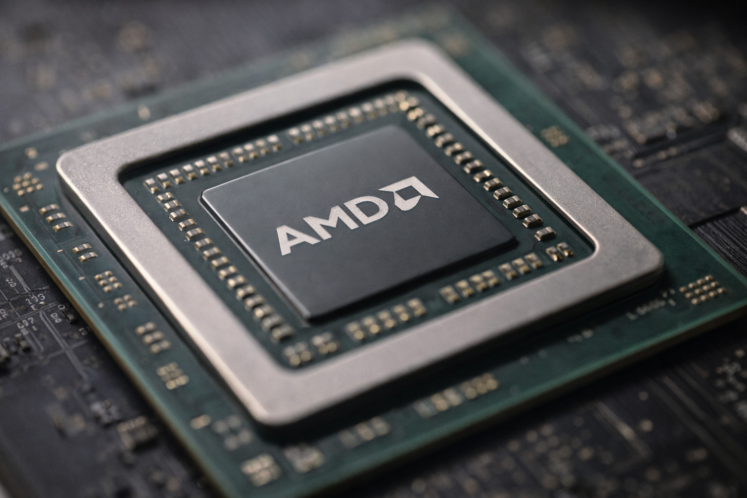 A close-up of an AMD processor mounted on a circuit board, surrounded by electronic components.