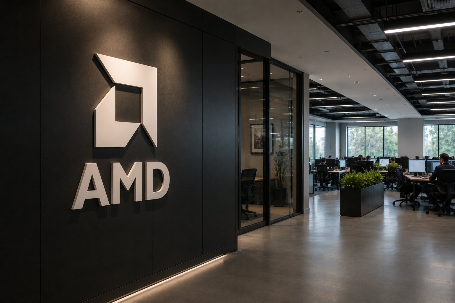 AMD logo displayed outside the semiconductor company’s office building.