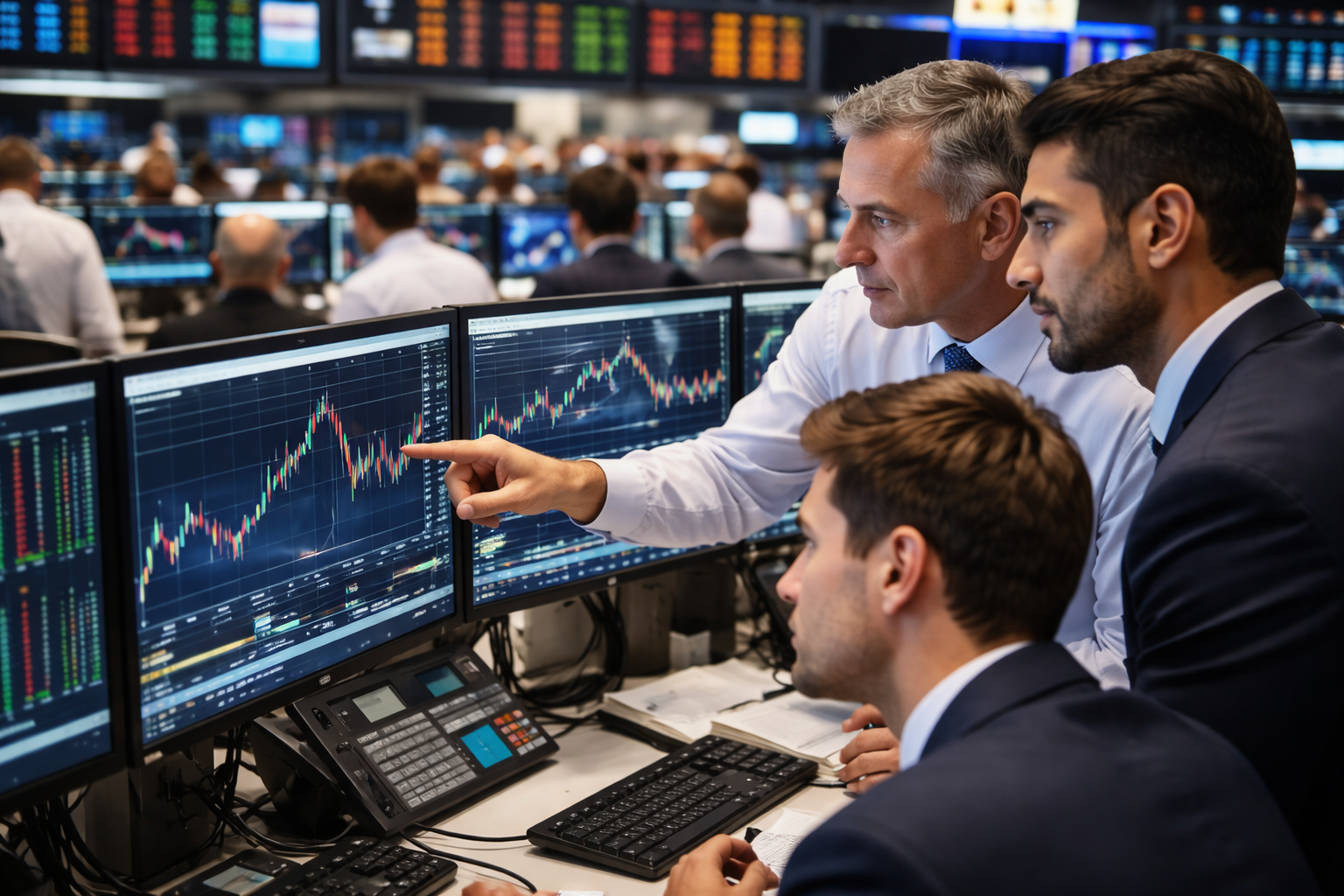 Analysts and traders looking at market charts
