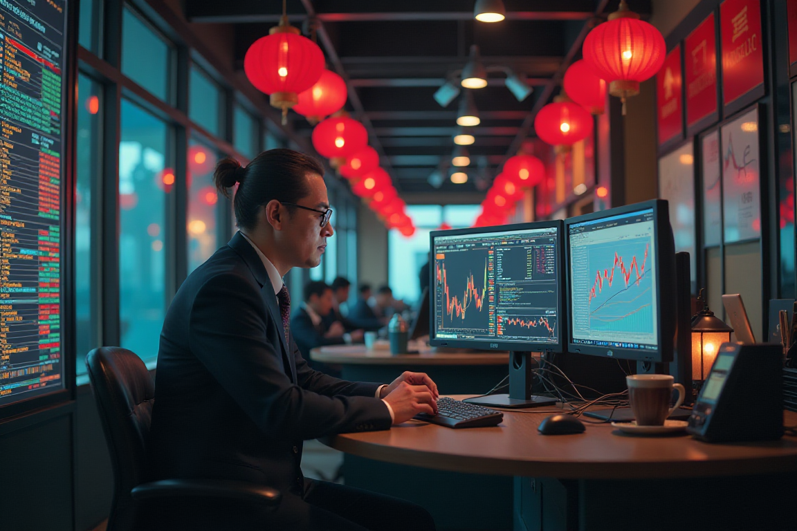 An Asian market trader studies live stock charts on dual monitors beneath rows of red lanterns.