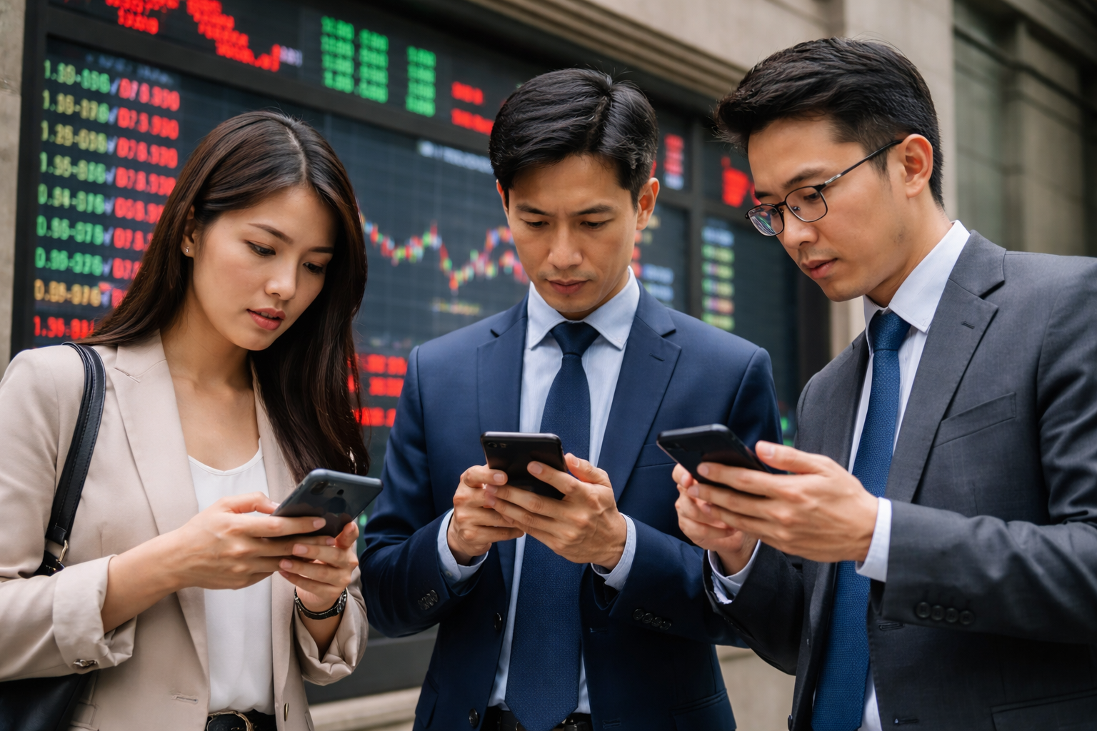 Three Asian investors check Kospi stock prices on their smartphones beside a digital market board.