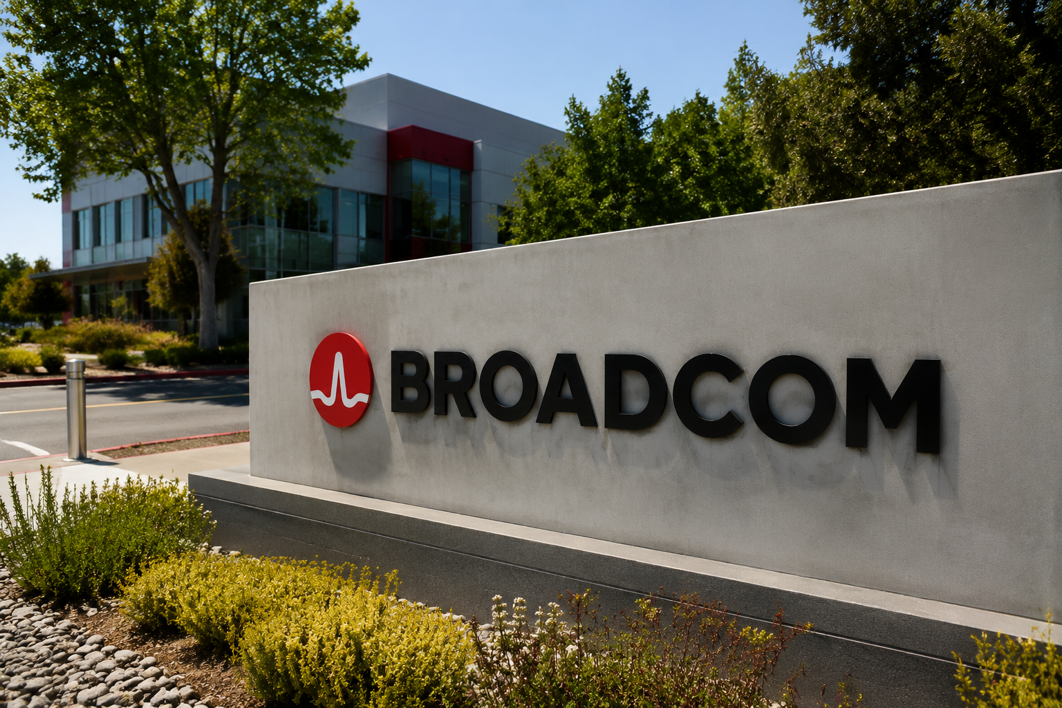 Broadcom logo displayed outside a corporate office building