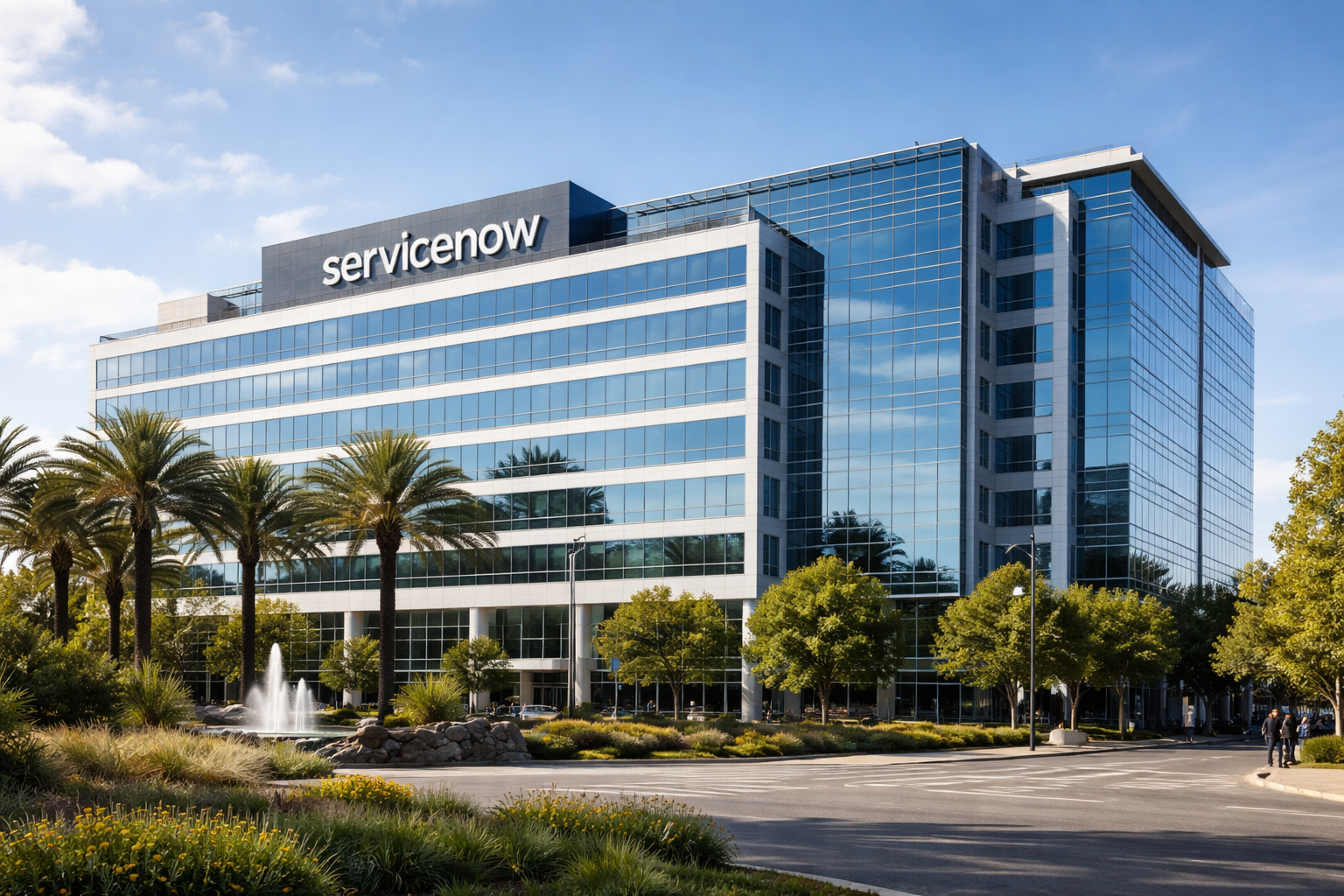 ServiceNow’s logo is displayed atop a modern glass office building surrounded by palm trees and landscaped gardens.