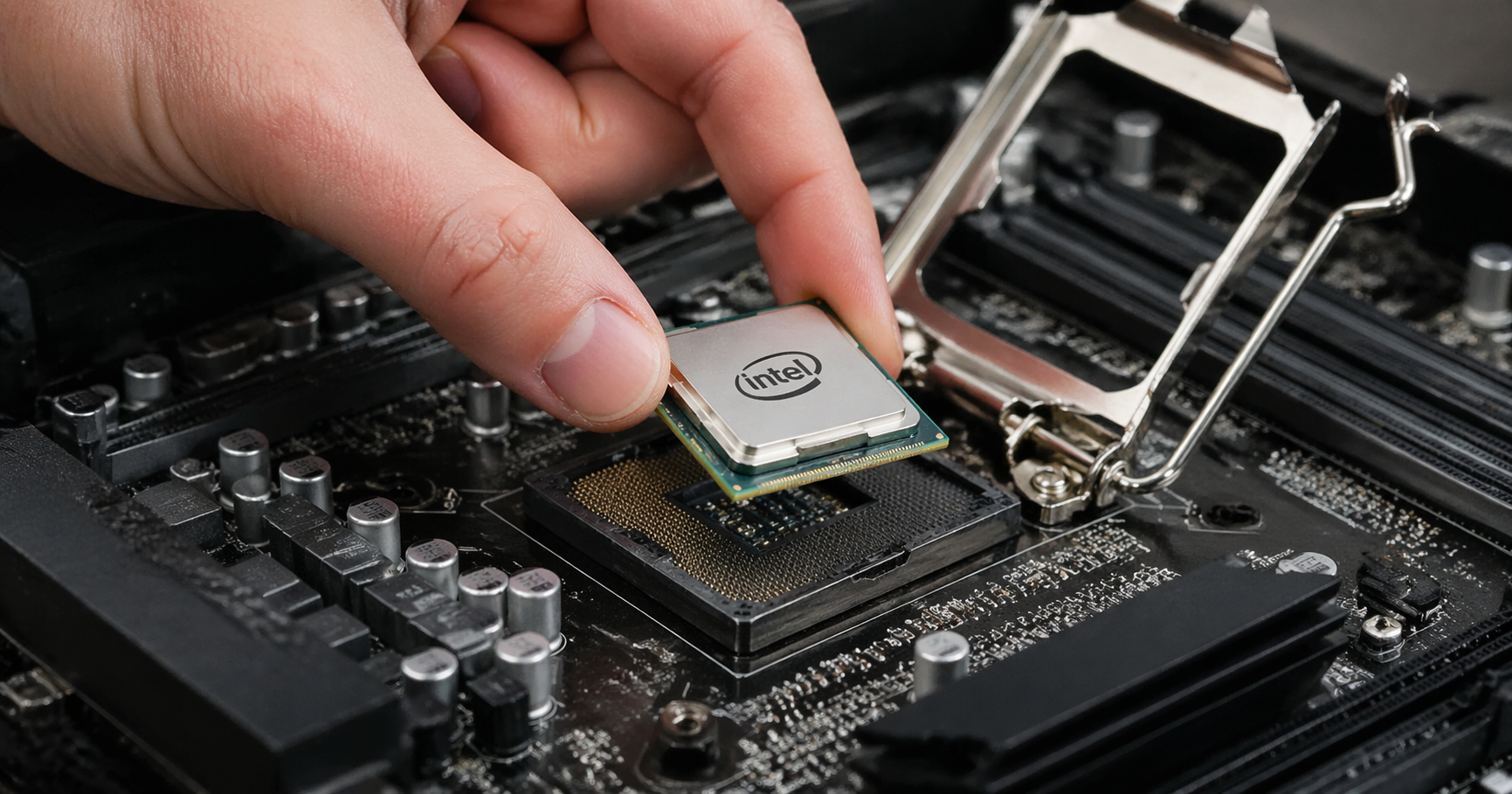 Installing an Intel CPU into a motherboard LGA socket during a custom PC build.