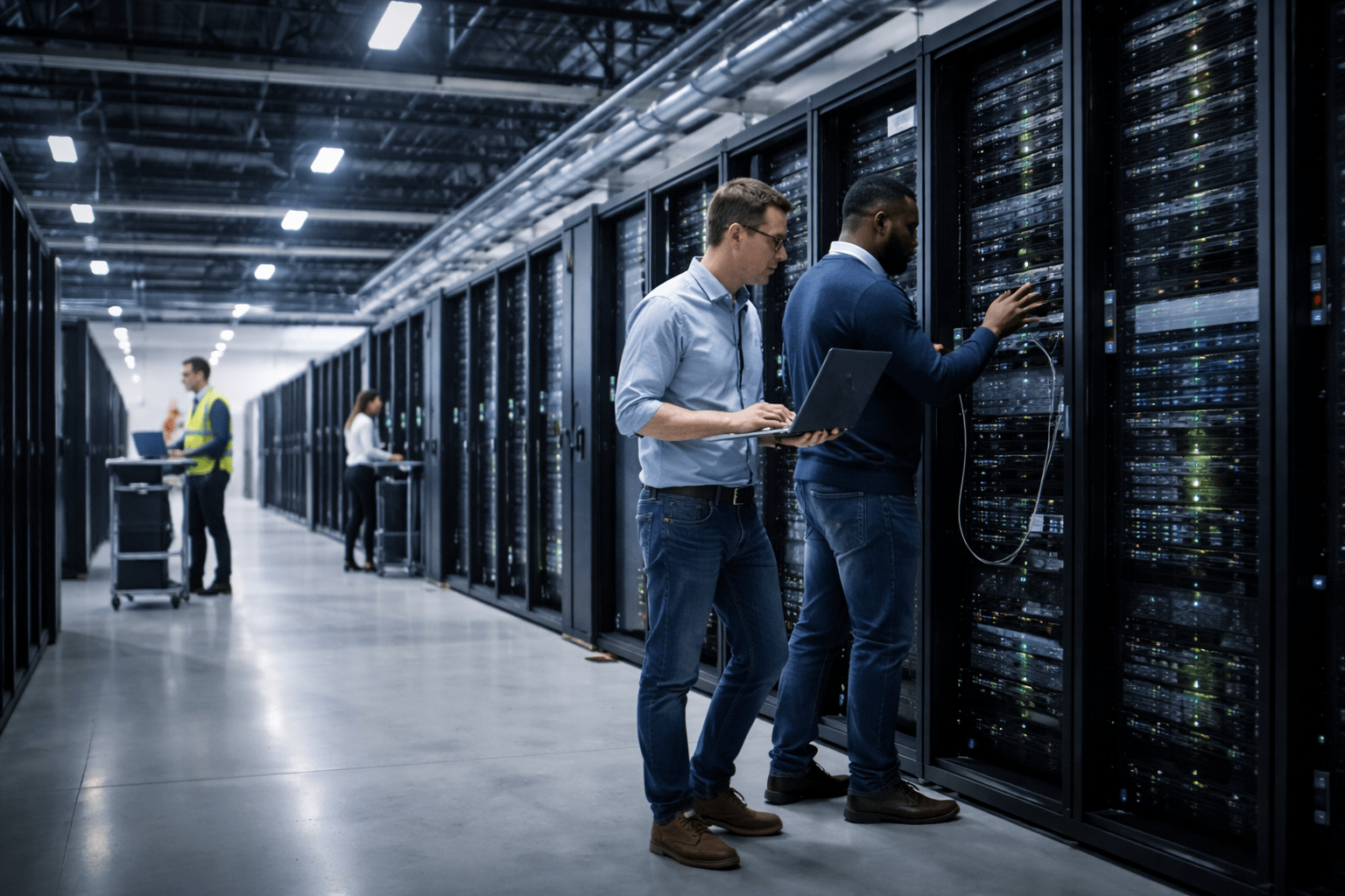 Experts checking Coreweave servers on data center