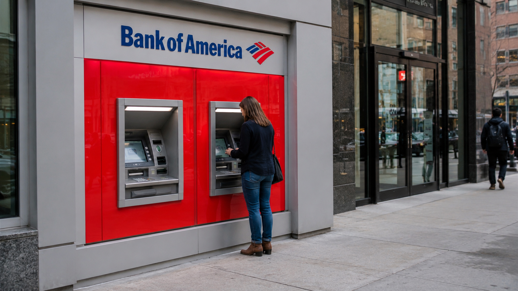 A person taking money out of Bank of America ATM