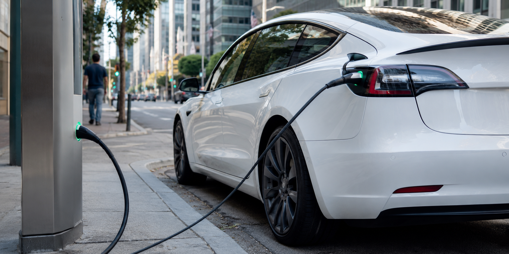 Tesla car being charged at ev station