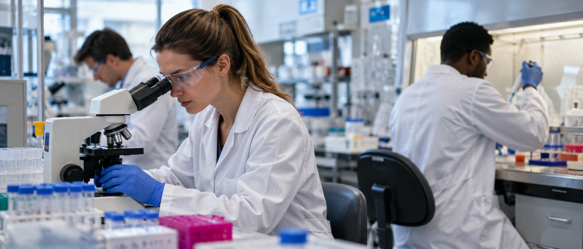 Researchers doing clinical work for drug in a lab