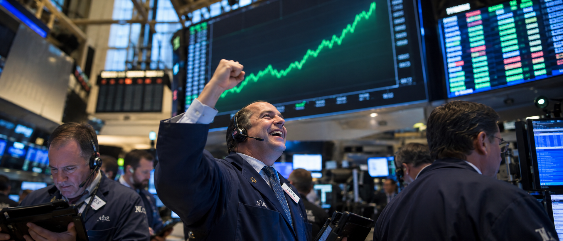 investors cheering high flying stocks at a trading floor
