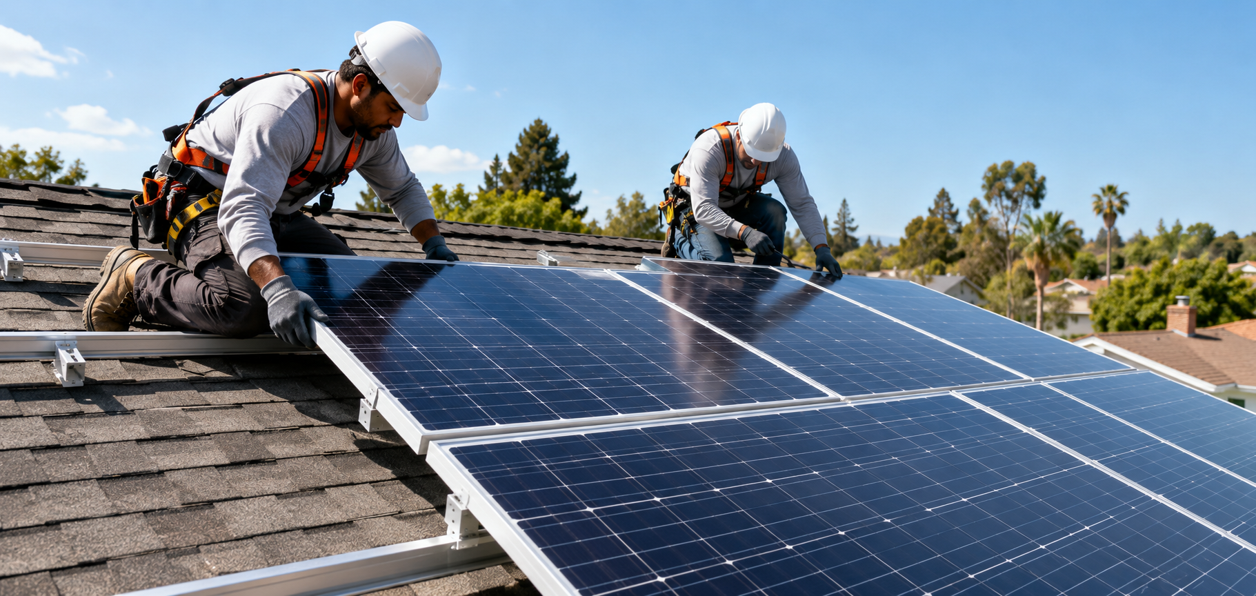 workers putting solar panels on a roof